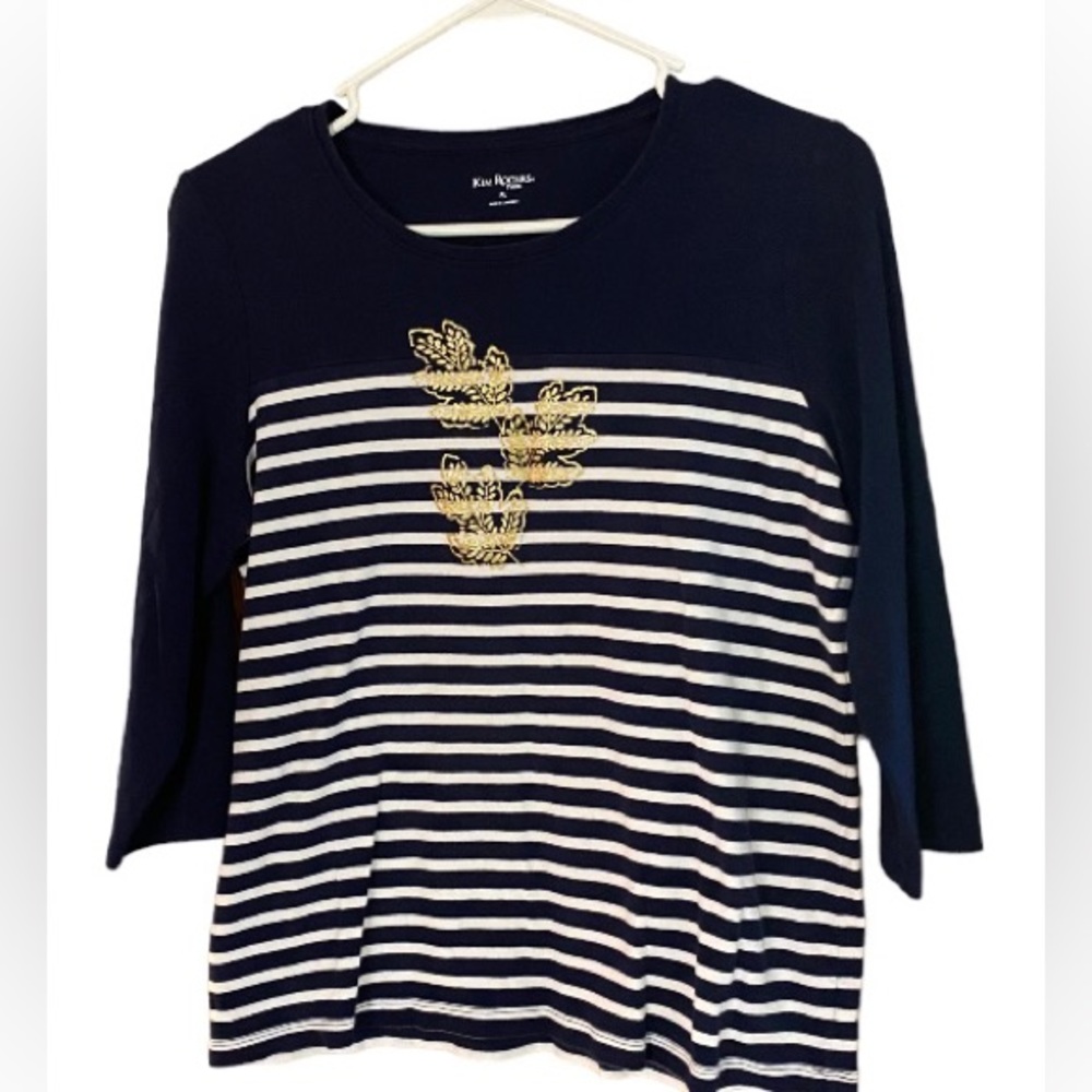 Kim Rogers shirt, size large petite. Navy and white striped.